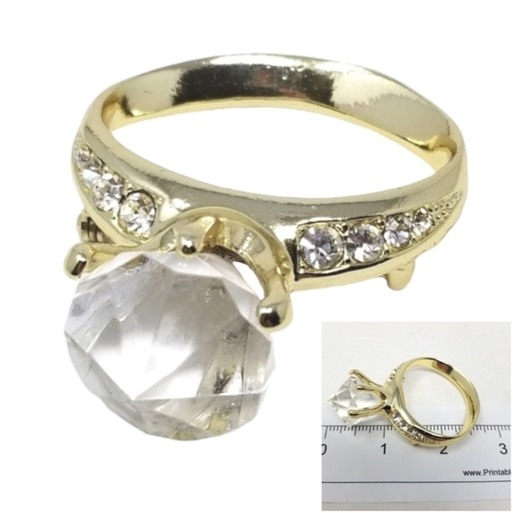 AJC Engagement Ring Brooch Pin Gold Tone Rhinestones Acrylic Retro Oversize Vtg - Picture 1 of 12